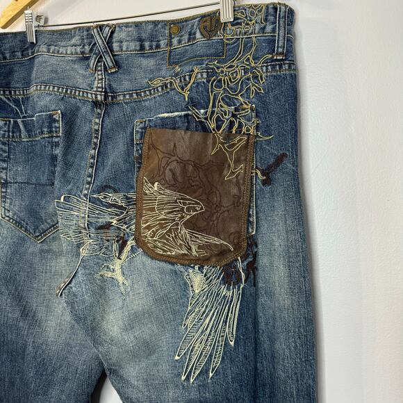 Artful Dodger Baggy Mens Bird Of Prey Embroidered Jeans Straight Wide Y2K 40x34 - Picture 8 of 12